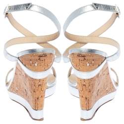 Pre Owned Jimmy Choo Silver Leather Cork Wedge Ankle Strap Sandals Size 40