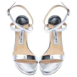 Pre Owned Jimmy Choo Silver Leather Cork Wedge Ankle Strap Sandals Size 40