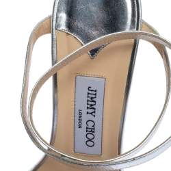 Pre Owned Jimmy Choo Silver Leather Cork Wedge Ankle Strap Sandals Size 40