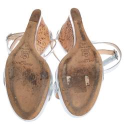 Pre Owned Jimmy Choo Silver Leather Cork Wedge Ankle Strap Sandals Size 40