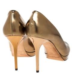 Pre Owned Jimmy Choo Metallic Gold Leather Peep Toe Platform Pumps Size 38.5