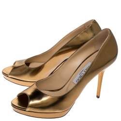 Pre Owned Jimmy Choo Metallic Gold Leather Peep Toe Platform Pumps Size 38.5