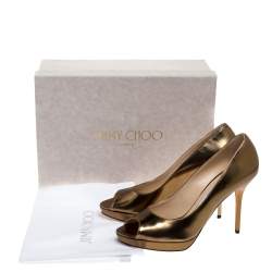 Pre Owned Jimmy Choo Metallic Gold Leather Peep Toe Platform Pumps Size 38.5