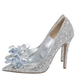Pre Owned Jimmy Choo Silver Swarovski Crystal Embellished Leather Avril Pointed Toe Pumps Size 37