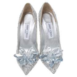 Pre Owned Jimmy Choo Silver Swarovski Crystal Embellished Leather Avril Pointed Toe Pumps Size 37