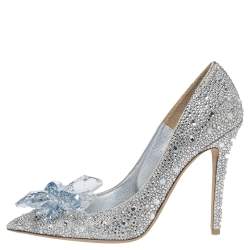 Pre Owned Jimmy Choo Silver Swarovski Crystal Embellished Leather Avril Pointed Toe Pumps Size 37