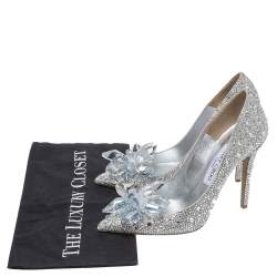 Pre Owned Jimmy Choo Silver Swarovski Crystal Embellished Leather Avril Pointed Toe Pumps Size 37