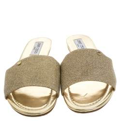 Pre Owned Jimmy Choo Metallic Gold Glitter Fabric Nanda Flat Slides Size 42
