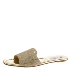 Pre Owned Jimmy Choo Metallic Gold Glitter Fabric Nanda Flat Slides Size 42