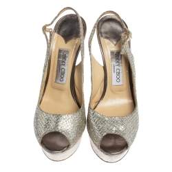 Jimmy Choo Metallic Gold Glitter Fabric And Embossed Leather Verity Peep Toe Platform Slingback Sandals Size 39