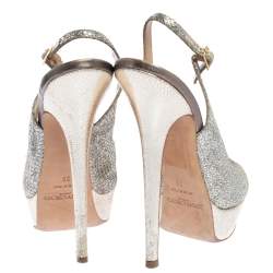 Jimmy Choo Metallic Gold Glitter Fabric And Embossed Leather Verity Peep Toe Platform Slingback Sandals Size 39