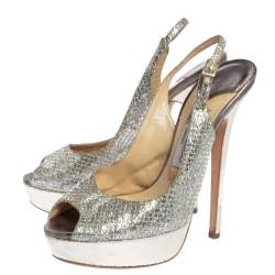 Jimmy Choo Metallic Gold Glitter Fabric And Embossed Leather Verity Peep Toe Platform Slingback Sandals Size 39
