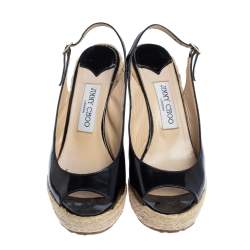 Pre Owned Jimmy Choo Black Patent Leather Polar Slingback Espadrille Wedge Sandals Size 37