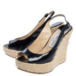 Pre Owned Jimmy Choo Black Patent Leather Polar Slingback Espadrille Wedge Sandals Size 37