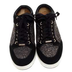 Pre Owned Jimmy Choo Black Glitter And Suede Miami Low Top Sneakers Size 40