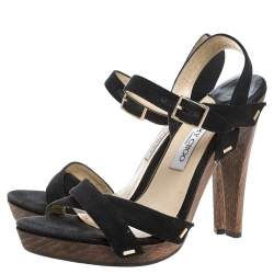 Pre Owned Jimmy Choo Black Canvas Cross Strap Wooden Ankle Strap Platform Sandals Size 40