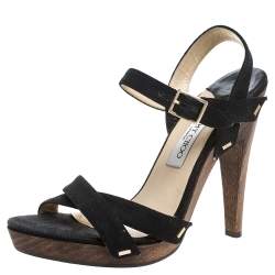 Jimmy Choo Black Canvas Cross Strap Wooden Ankle Strap Platform Sandals Size 40