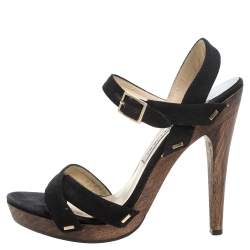 Pre Owned Jimmy Choo Black Canvas Cross Strap Wooden Ankle Strap Platform Sandals Size 40