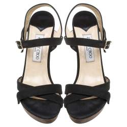 Pre Owned Jimmy Choo Black Canvas Cross Strap Wooden Ankle Strap Platform Sandals Size 40