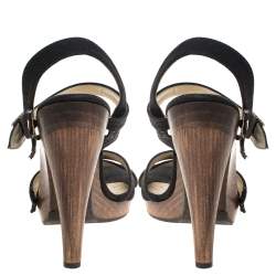 Pre Owned Jimmy Choo Black Canvas Cross Strap Wooden Ankle Strap Platform Sandals Size 40