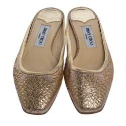 Jimmy Choo Shimmery Gold Laser Cut Leather Flat Mules Size 38.5