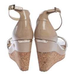 Pre Owned Jimmy Choo Beige Patent Leather Ankle Strap Cork Wedge Platform Sandals Size 39