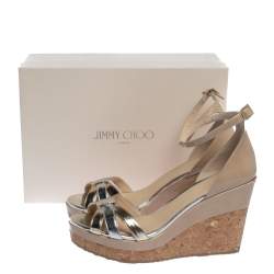 Pre Owned Jimmy Choo Beige Patent Leather Ankle Strap Cork Wedge Platform Sandals Size 39
