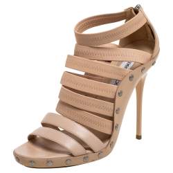 Jimmy Choo Beige Leather, Elastic And Patent Strappy 'Aston' Sandals Size 39.5