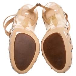 Jimmy Choo Beige Leather, Elastic And Patent Strappy 'Aston' Sandals Size 39.5