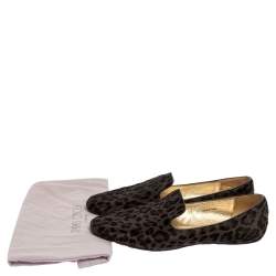 Pre Owned Jimmy Choo Grey Leopard Print Calf Hair Wheel Smoking Slippers Size 39