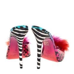 Pre Owned Jimmy Choo Multicolor Printed Patent Leather Tickle Fur Open Toe Sandals Size 38