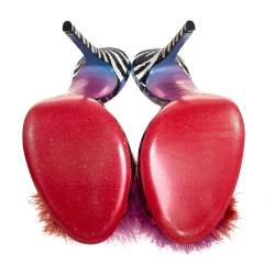 Pre Owned Jimmy Choo Multicolor Printed Patent Leather Tickle Fur Open Toe Sandals Size 38