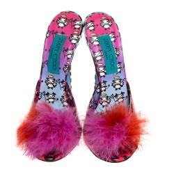 Pre Owned Jimmy Choo Multicolor Printed Patent Leather Tickle Fur Open Toe Sandals Size 38