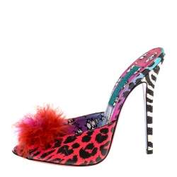 Pre Owned Jimmy Choo Multicolor Printed Patent Leather Tickle Fur Open Toe Sandals Size 38