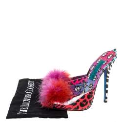 Pre Owned Jimmy Choo Multicolor Printed Patent Leather Tickle Fur Open Toe Sandals Size 38