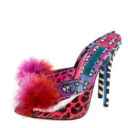 Pre Owned Jimmy Choo Multicolor Printed Patent Leather Tickle Fur Open Toe Sandals Size 38