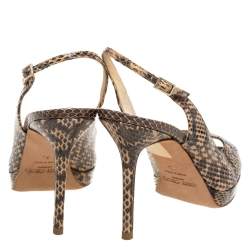 Pre Owned صندل جيمي تشو فتحة كعب نعل سميك مقدمة مفتوحة نوفا جلد ثعبان بيج وبنى مقاس 39