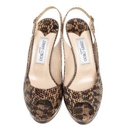 Pre Owned صندل جيمي تشو فتحة كعب نعل سميك مقدمة مفتوحة نوفا جلد ثعبان بيج وبنى مقاس 39