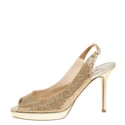 Pre Owned Jimmy Choo Gold Shimmery Fabric Nova Slingback Peep Toe Platform Sandals Size 37.5