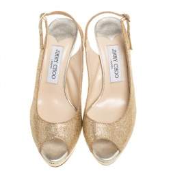 Pre Owned Jimmy Choo Gold Shimmery Fabric Nova Slingback Peep Toe Platform Sandals Size 37.5