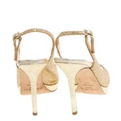 Pre Owned Jimmy Choo Gold Shimmery Fabric Nova Slingback Peep Toe Platform Sandals Size 37.5