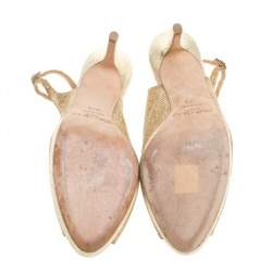 Pre Owned Jimmy Choo Gold Shimmery Fabric Nova Slingback Peep Toe Platform Sandals Size 37.5