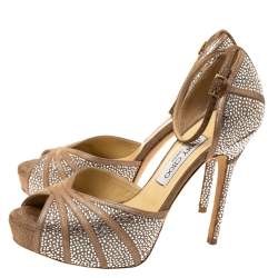 Pre Owned صندل جيمى تشو نعل سميك سير كاحل زخرفة كريستال كلابا سويدى غليتر بيج مقاس 38.5 