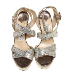 مملوكة مسبقًا صندل جيمي تشو سيور نعل سميك وجه غلير فضى / ذهبى  مقاس 36