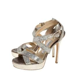 مملوكة مسبقًا صندل جيمي تشو سيور نعل سميك وجه غلير فضى / ذهبى  مقاس 36