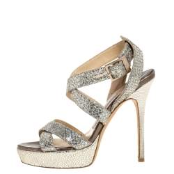 مملوكة مسبقًا صندل جيمي تشو سيور نعل سميك وجه غلير فضى / ذهبى  مقاس 36