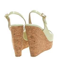 Pre Owned Jimmy Choo Light Green Patent Leather Prova Slingback Cork Wedge Sandals Size 38
