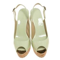 Pre Owned Jimmy Choo Light Green Patent Leather Prova Slingback Cork Wedge Sandals Size 38
