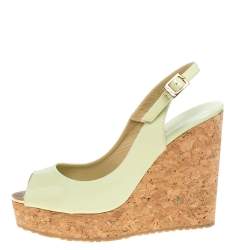 Pre Owned Jimmy Choo Light Green Patent Leather Prova Slingback Cork Wedge Sandals Size 38