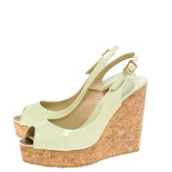 Pre Owned Jimmy Choo Light Green Patent Leather Prova Slingback Cork Wedge Sandals Size 38